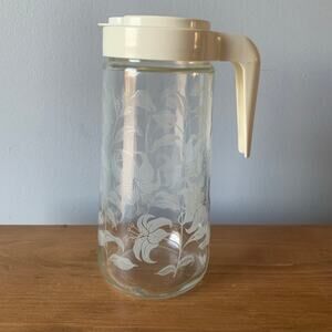 Vintage Anchor Hocking Pitcher Glass 1 qt Etched Floral Promo TANG Lilies 70s
